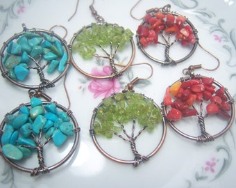 Mini Tree Of Life Gemstone Earrings, Knowledge and Wisdom Tree Jewelry, Boho, Trendy Jewelry, Handmade, Turquoise Howlite, Peridot, Coral