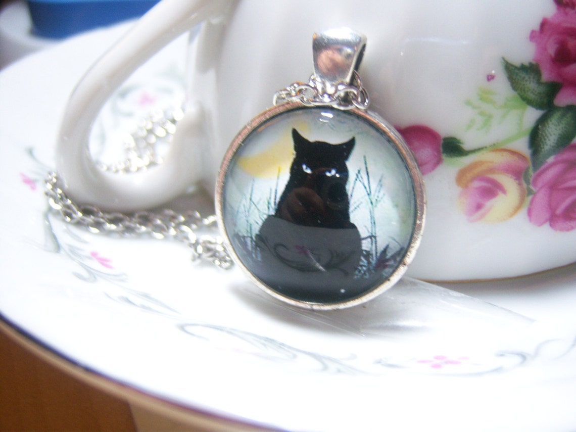 Black Cat Cabochon Pendant Necklace Black Cat Pendant Black Etsy