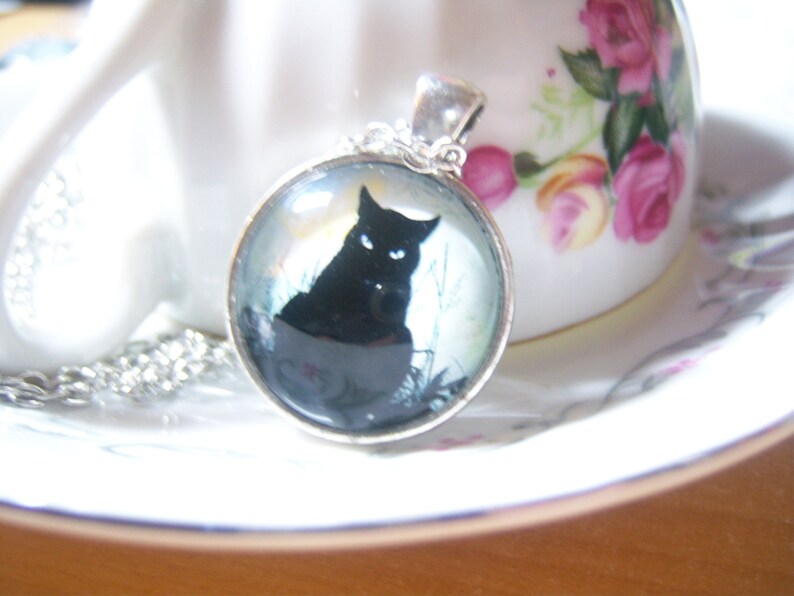 Black Cat Cabochon Pendant Necklace Black Cat Pendant Black Etsy