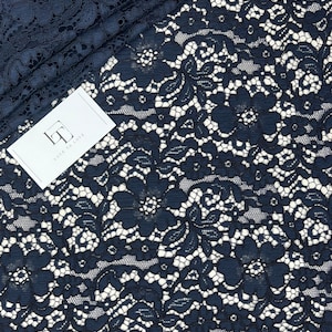 Tessuto di pizzo blu tagliato su misura, tessuto di pizzo francese ricamato, materiale in pizzo per abiti da sposa blu scuro, pizzo Alençon per lingerie, V034