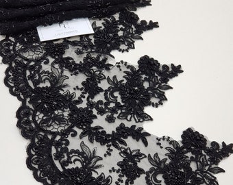 Beaded black lace trimming, Sequin lace, Pearl lace, Chantilly lace, French lace, Bridal lace, Wedding lace, Embroidered lace EEV2103