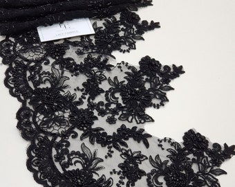 Rifinitura in pizzo nero con perline, pizzo con paillettes, pizzo perla, pizzo Chantilly, pizzo francese, pizzo da sposa, pizzo da sposa, pizzo ricamato EEV2103