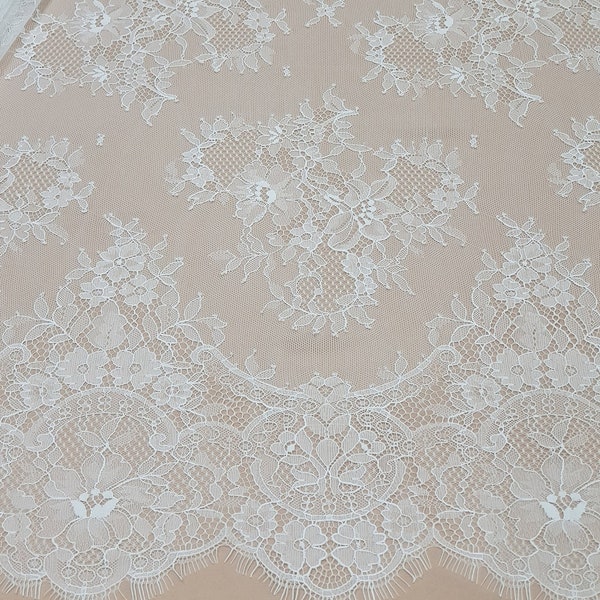 Off white lace fabric French Lace, Chantilly Lace, Bridal lace, Wedding Lace White Lace Veil lace Scalloped Floral lace Lingerie Lace LK3004