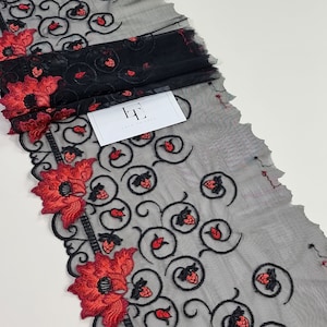 Passamaneria in pizzo nero con fiori rossi, passamaneria in pizzo francese, pizzo Chantilly, pizzo per lingerie VLX9804