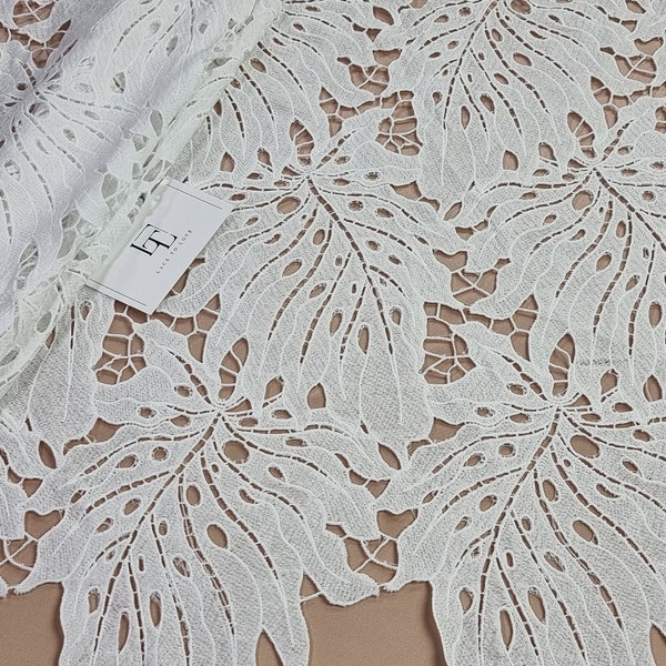 Ivory lace fabric by the yard, lace with big leaves, wedding lace, bridal lace, lingerie lace, alencon lace LK87001