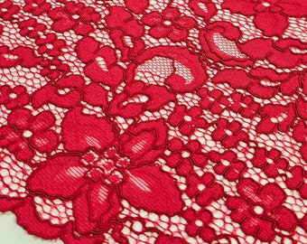 Red floral Guipure lace fabric, raspberry red scalloped saree lace fabric, sold by the yard, L71990