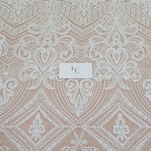 Tessuto in pizzo da sposa geometrico color avorio con perline, venduto tagliato su misura, pizzo da sposa ricamato, EVS183SB