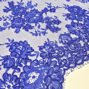 Tecido de renda de tule Chantilly azul royal com cordão, renda de véu de cílios de noiva francesa, renda floral recortada, vendido por metro, EVS191C