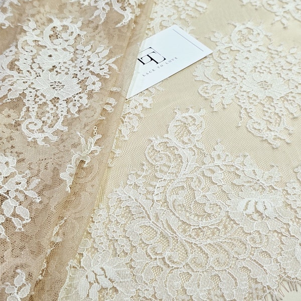 Delicate Beige Eyelash Chantilly lace fabric by the yard, Wedding dress lace, Veil lace fabric, Floral Lingerie lace fabric, LL50404