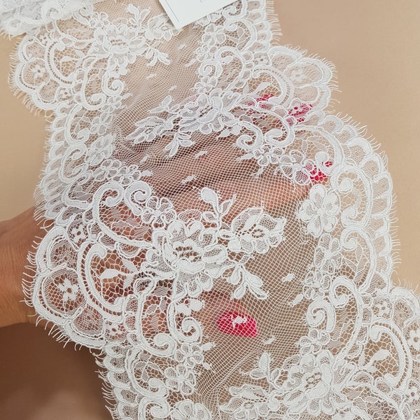 Snow white Chantilly lace trimming with cord, French lace, Wedding lace, WDL6011