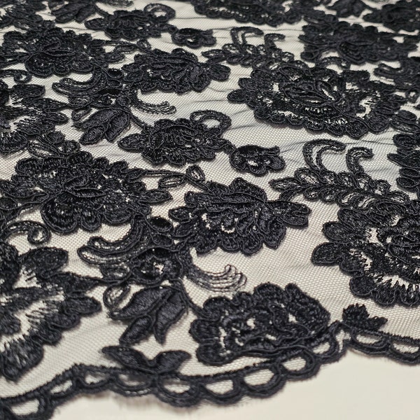 Black embroidered lace fabric, Guipure lace, Wedding Lace, Bridal lace, Veil lace, Lingerie Lace, Alencon Lace by the yard, EVS188C