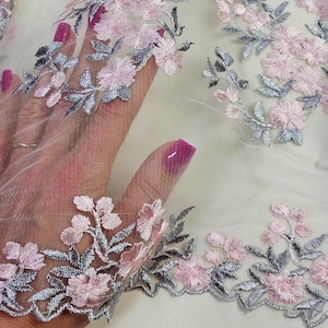 Grau rosa bestickte Tüll Spitze Stoff, Braut Hochzeit Spitze, Abendkleid Spitze, Meterware LK87002