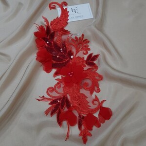 Applicazione in pizzo rosso, applicazione in pizzo con perline, applicazione in pizzo Chantilly francese, pizzo 3D, applicazione in pizzo da sposa M0096