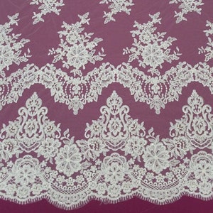 Tela de encaje de marfil con cuentas, encaje de lentejuelas, encaje Chantilly francés, encaje de novia, encaje de boda, encaje blanco, encaje floral bordado, yarda EVS090CB