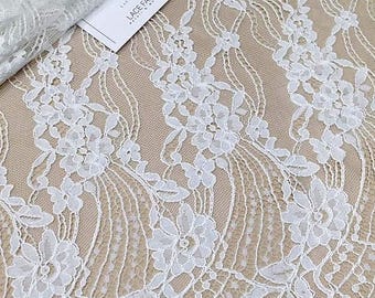 Off white lace fabric, French Lace, Embroidered eyelash lace, Bridal lace, White Lace, Veil lace, Lingerie Lace Chantilly Lace L69204