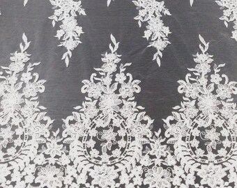 Ivory lace fabric, Embroidered lace, French Lace, Wedding Lace, Bridal lace, White Lace, Veil lace, Lingerie Lace, Alencon Lace EVS010B