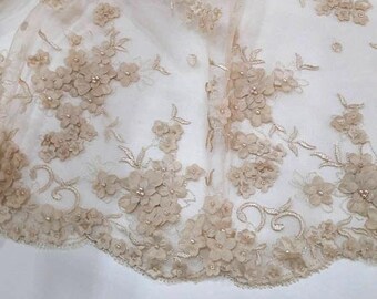 Beige beaded 3D lace fabric, EVS143BF