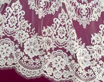 Beaded light ivory lace fabric, sequin lace, French Chantilly lace, bridal wedding lace, white lace, embroidered floral lace yard EVS090CB