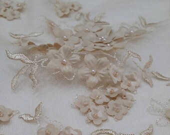 Beige beaded 3D lace fabric, EVS143BF