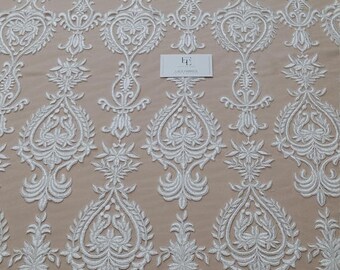 Ivory lace fabric, Embroidered lace, French Lace, Wedding Lace, Bridal lace, White Lace, Veil lace, Lingerie Lace, Alencon Lace EVS150C