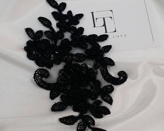 Black Lace applique, Beaded lace applique, French Chantilly lace applique, 3D lace, bridal lace applique M0041