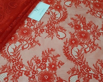 Rojo con tela de encaje de tono naranja cortada a medida, encaje Chantilly francés, encaje nupcial de boda, encaje de vestido de noche, encaje de lencería, L81114