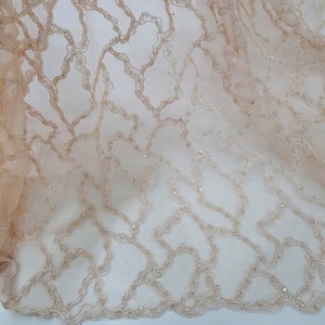 Tessuto di pizzo beige tagliato su misura, materiale in pizzo francese Alençon color pelle, tessuto in pizzo da sposa, pizzo con perline di paillettes di perle EVS004LB