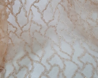 Beige lace fabric by the yard, skin color French Alencon lace material, bridal wedding lace cloth, pearl sequin beaded lace EVS004LB