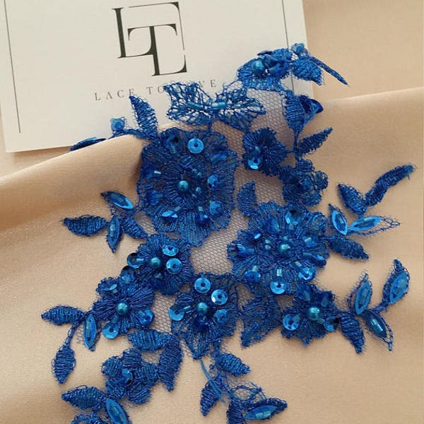 Blue applique, Beaded lace applique, French Chantilly lace applique, 3D bridal lace applique, M0047