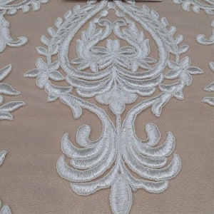 Tessuto in pizzo bianco sporco venduto tagliato su misura, tessuto in pizzo da sposa con disegno astratto, materiale in pizzo per velo da sposa bianco, pizzo Alençon per lingerie, EVS150C