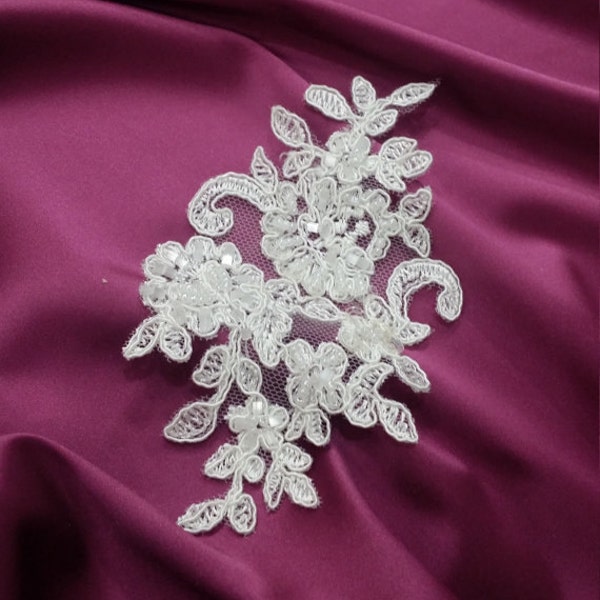 Ivory Lace applique, Beaded lace applique, French Chantilly lace applique, 3D lace, bridal lace applique M0015