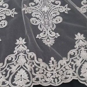 Hellelfenbein Spitzenstoff Meterware, französische bestickte Spitze Stoff, Hochzeit Braut Schleier Spitze, weißes Dessous Alencon Spitze, EVS138C