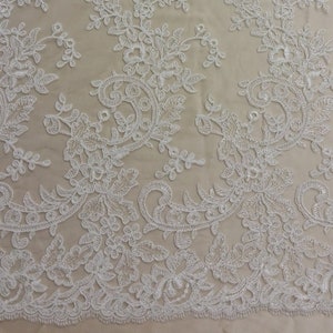 Tela de encaje blanco, material de encaje blanco roto bordado, encaje nupcial francés, encaje de velo de marfil, encaje de lencería, encaje de Alencon, KSBY61420C
