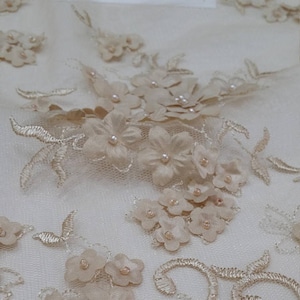 Tessuto di pizzo 3D con perline beige, EVS143BF