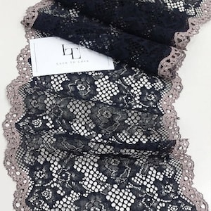 Schwarz mit beige Stretch Spitzenborte, Elastische Spitze, Chantilly Spitze, Französische Spitze, Brautspitze, Ausgebogene Wimpern Spitze Wäschespitze L98991