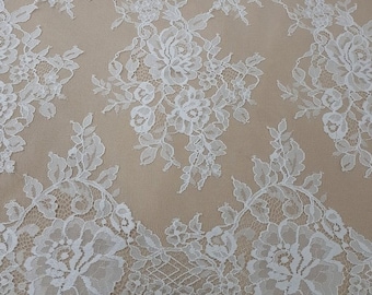 Pure white lace fabric, French lace, Chantilly lace, Wedding lace, Bridal lace, Evening dress lace, Lingerie lace fabric by the yard L91026