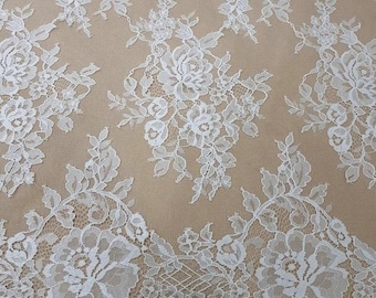 Pure white lace fabric, French lace, Chantilly lace, Wedding lace, Bridal lace, Evening dress lace, Lingerie lace fabric by the yard L91026