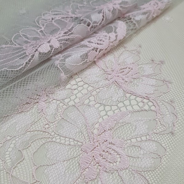 Light gray with Pink flowers lace fabric, French lace, Chantilly lace, Wedding lace, Bridal lace, Lingerie lace, fabric by the yard LL60011