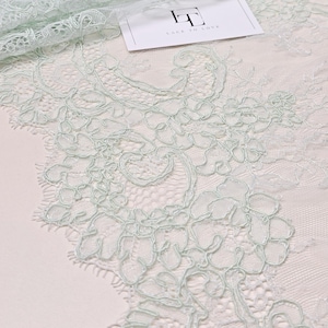 Bordure en dentelle vert pâle, bordure en dentelle chantilly française, bordure en dentelle pour mariage nuptiale, dentelle au point mousse, dentelle pour robe de soirée, dentelle de lingerie, EVSL194C