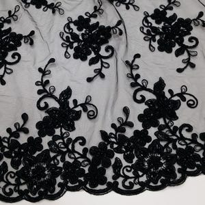 Tejido de encaje negro con cuentas, encaje de lentejuelas, encaje francés Alencon, encaje de novia, encaje de boda, encaje floral bordado cortado a medida EVS050CB