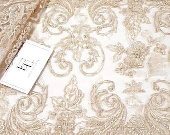 Beige lace fabric, Beaded French Lace fabric, Alencon Lace, Bridal lace Wedding Lace, Brown Pearl lace, Sequin Lac, Beaded lace EVS156B