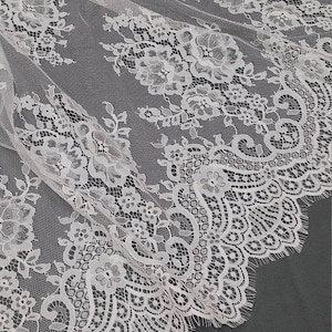 SALE Ivory lace fabric by the yard, French Embroidered eyelash lace, Bridal lace, White Veil lace, Lingerie Lace, Chantilly Lace KDA1009