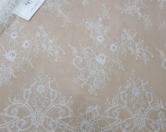 Light Ivory lace fabric, French Lace, Embroidered eyelash lace, Bridal lace, White Lace, Veil lace Lingerie Lace Chantilly Lace EVS83325