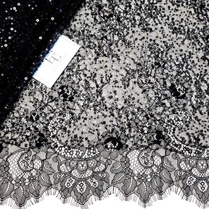 Tessuto in pizzo con paillettes nere, tessuto in pizzo francese Chantilly con paillettes scintillanti, venduto tagliato su misura, EVS212SU