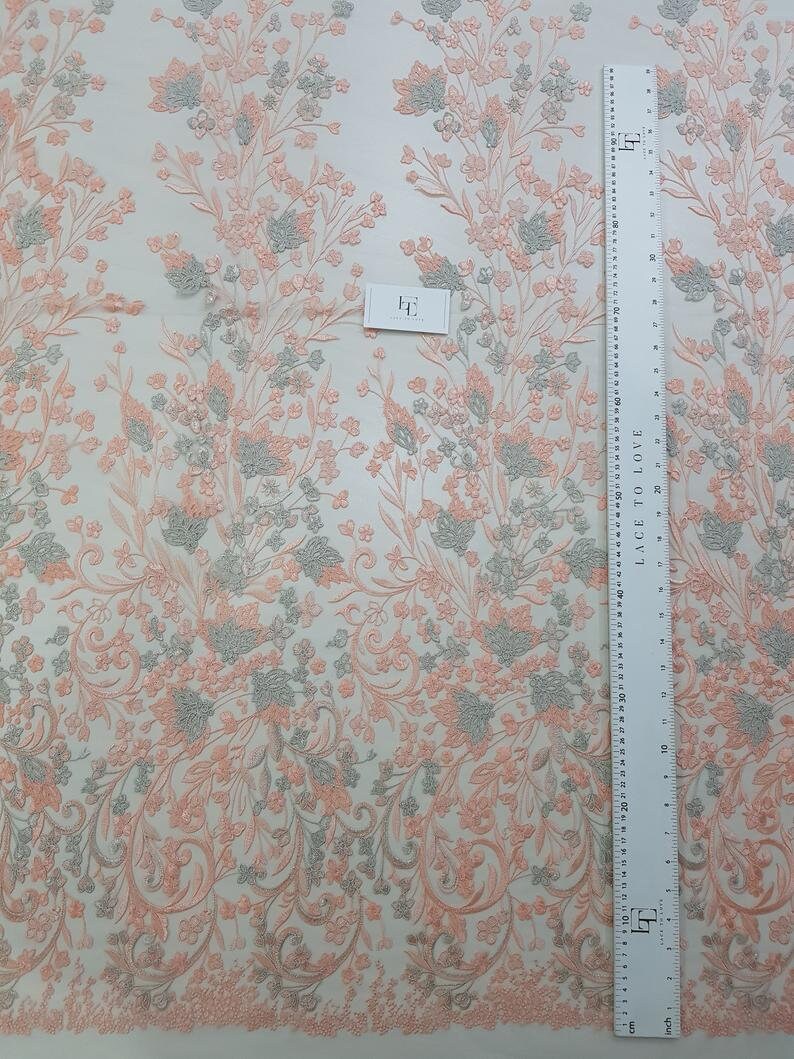 Embroidered lace French Lace Wedding Lace Bridal lace White Lace Veil lace Lingerie Lace Alencon Lace NK75003 Salmon pink lace fabric