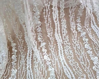 Tela de encaje color marfil cortada a medida, encaje francés, encaje Alençon, encaje blanco para novias, encaje para ligas, encaje de perlas, encaje de lentejuelas, encaje con cuentas EVS159SB