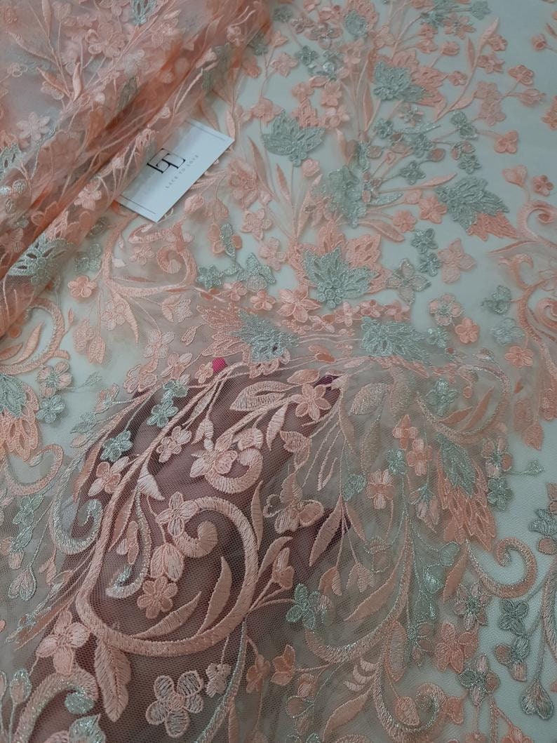 Embroidered lace French Lace Wedding Lace Bridal lace White Lace Veil lace Lingerie Lace Alencon Lace NK75003 Salmon pink lace fabric