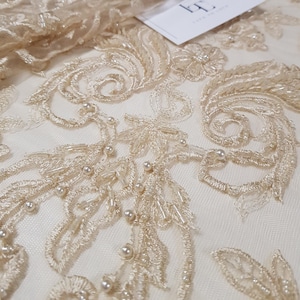 Tecido de renda bege, tecido de renda francesa com miçangas, renda Alencon, renda de noiva, renda de pérola marrom, lantejoulas, renda com miçangas EVS156B