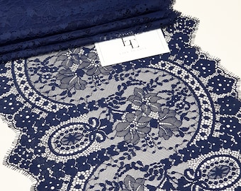 Navy blue lace trim, sold in 0.80m(80cm)/31 inches long pieces, French Chantilly bridal scalloped eyelash floral lingerie lace, LL4412