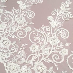 Beaded ivory lace trim, Sequin lace trim, Pearl lace, French lace trim Chantilly lace, Bridal lace, Wedding lace, White lace EVSL007CB